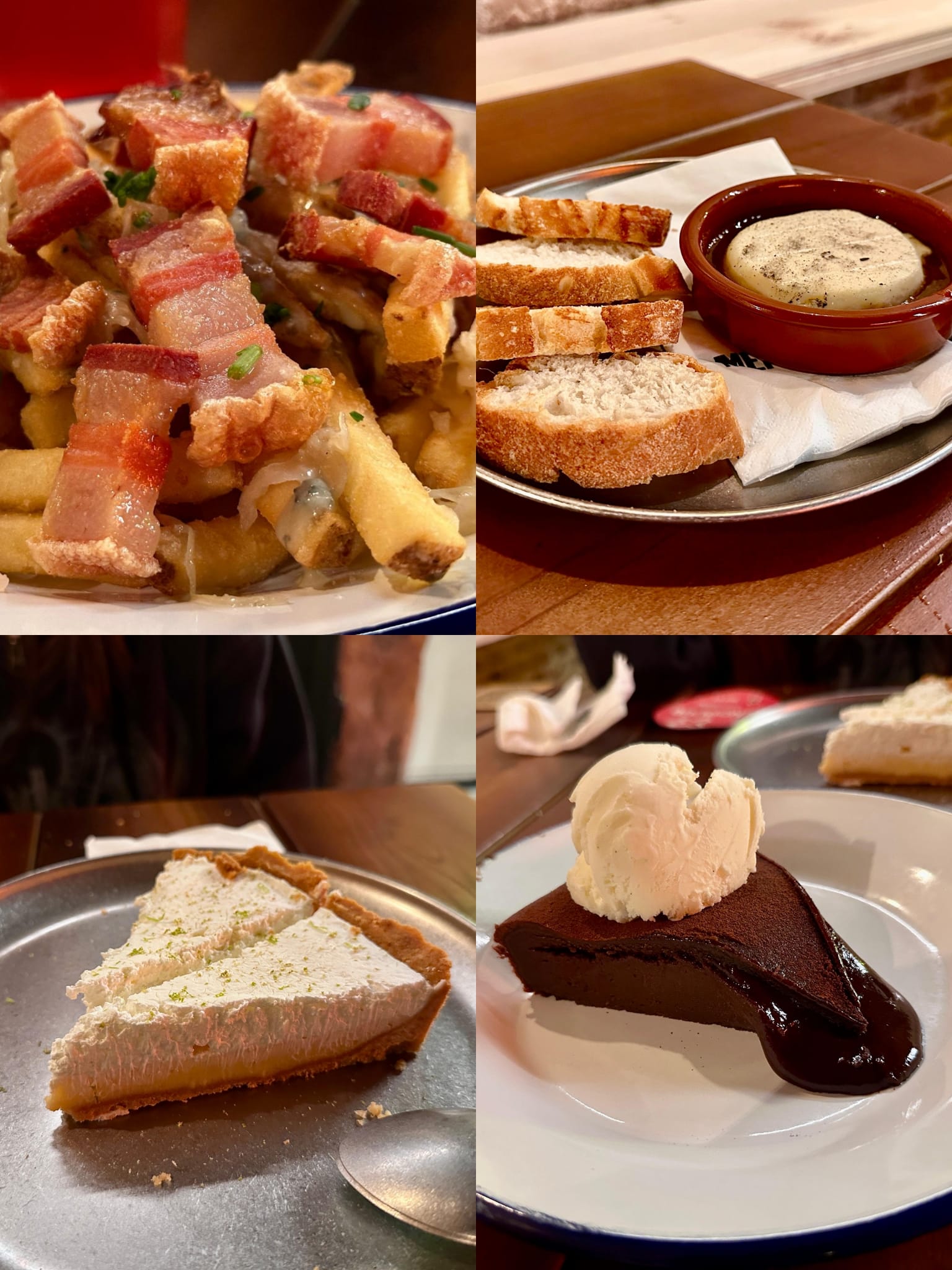 Carta: 1. Patatas fritas con Torreznos, 2. Queso a la brasa con Imperial Stout, 3. Tarta de limón y 4. Tarta de chocolate